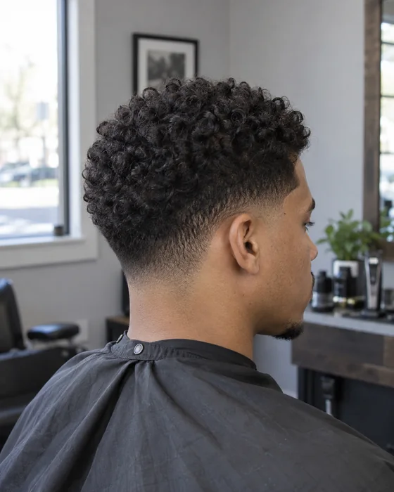 Natürliche dunkle Locken mit tiefem Taper an Schläfen und Nacken