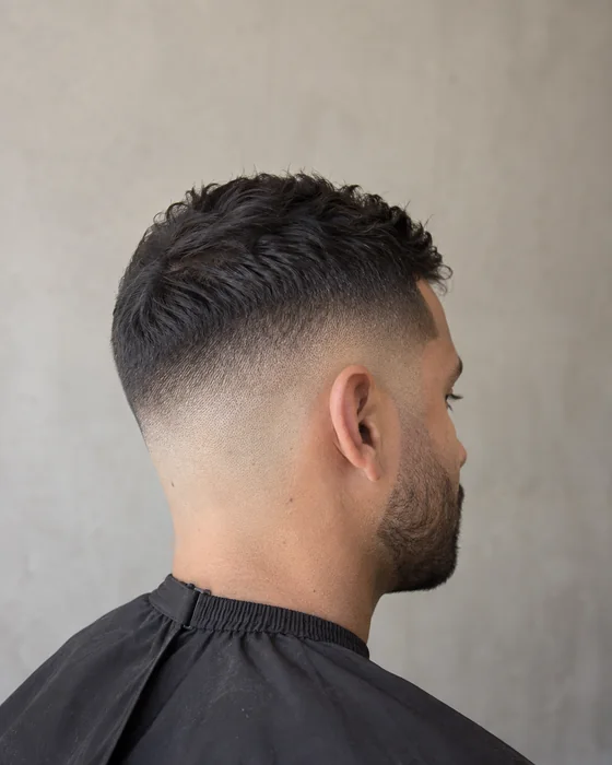 Dunkler Skin Fade mit kurzem, texturiertem Deckhaar in Seitenansicht