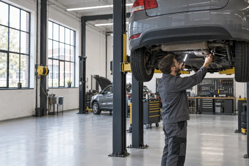 Mechaniker prüft mit einer Stablampe den Unterboden eines Autos auf der Hebebühne