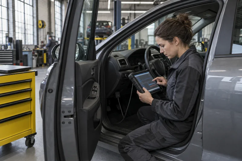 Mechanikerin liest mit einem Diagnosetablet den Fehlerspeicher eines Autos aus
