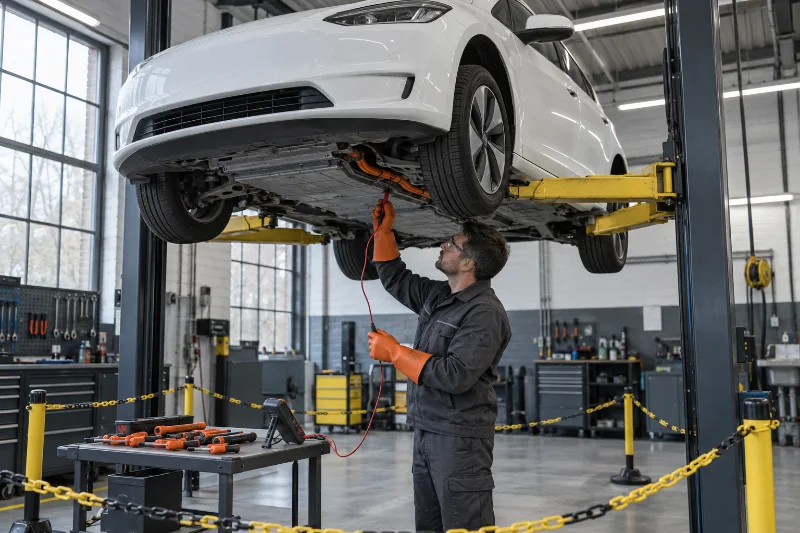 Mechaniker mit isolierenden Handschuhen misst an der Hochvoltbatterie eines Elektroautos