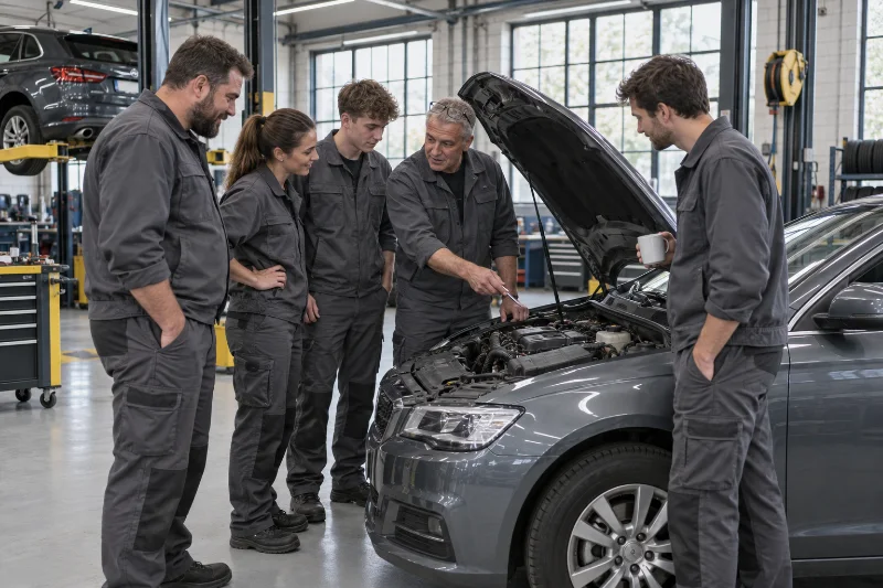 Das Team steht zur Morgenbesprechung um die offene Motorhaube eines grauen Kombis