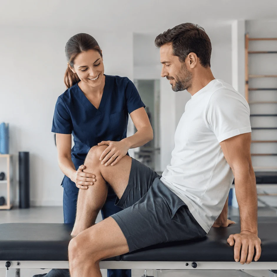 Eine Physiotherapeutin untersucht das Knie eines Patienten, der auf der Behandlungsliege sitzt.