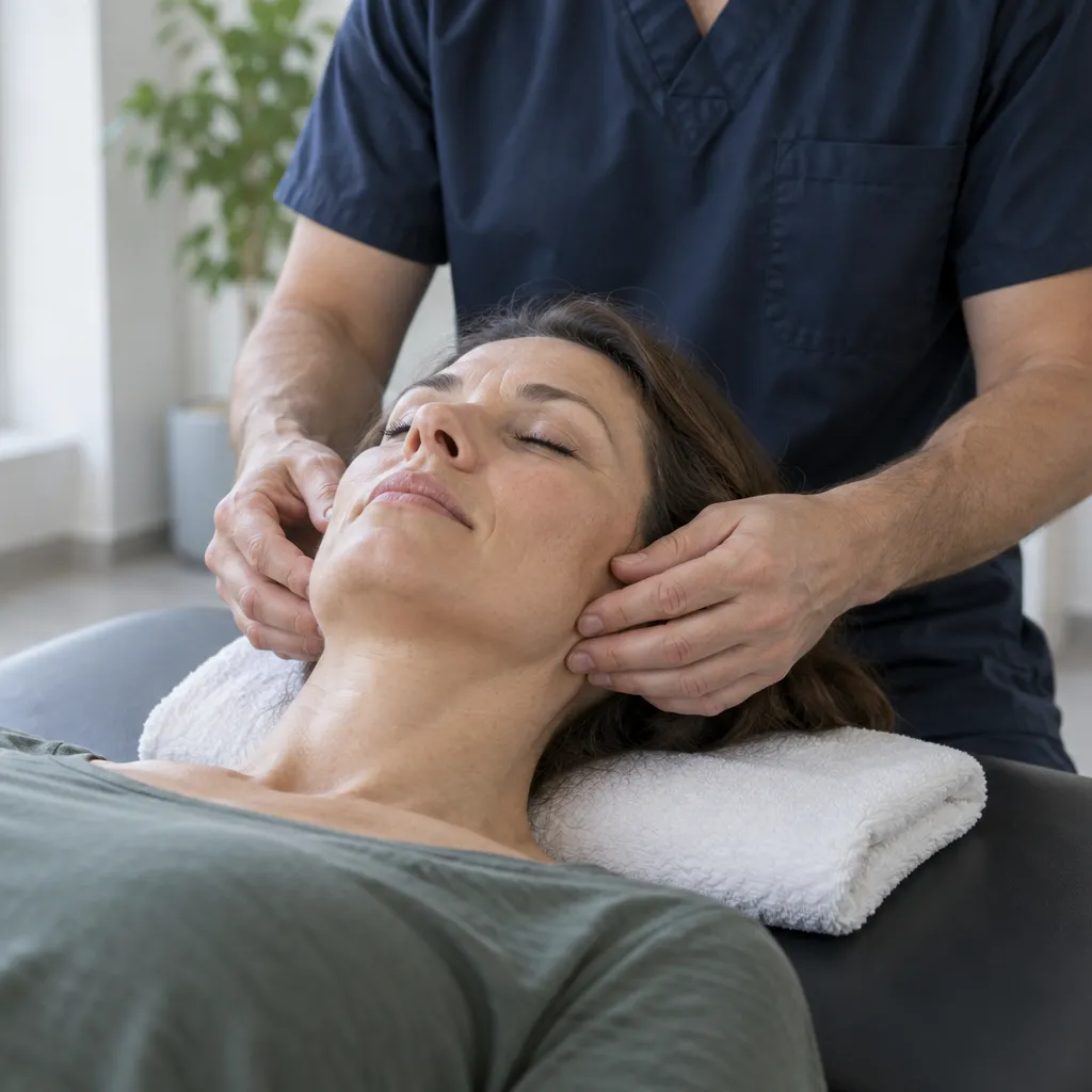 Eine Patientin liegt auf der Behandlungsliege, die Therapeutin behandelt ihr Kiefergelenk.