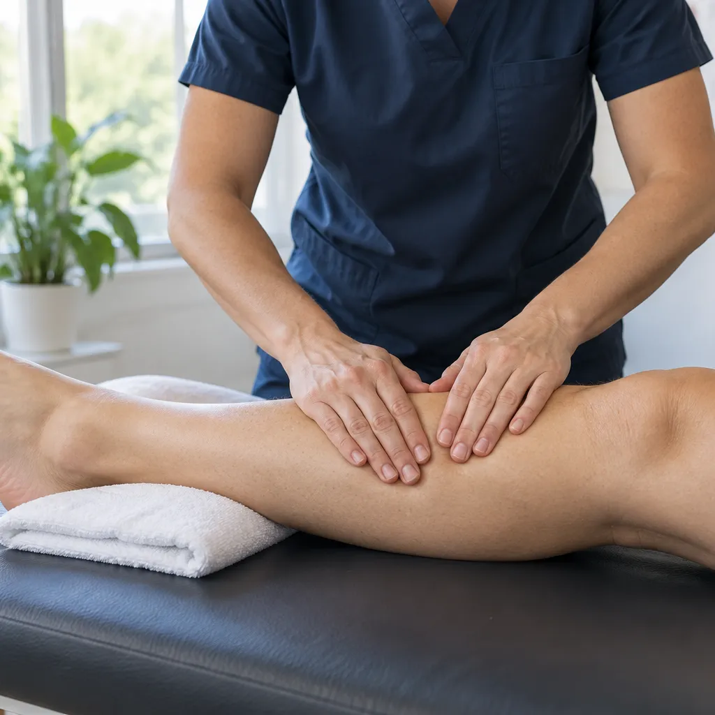 Nahaufnahme einer manuellen Lymphdrainage: Die Hände der Therapeutin arbeiten mit sanftem, flächigem Druck.