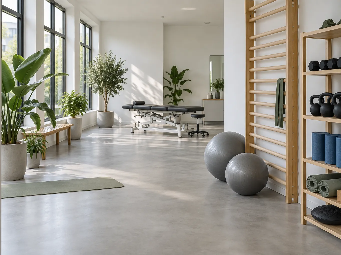 Die helle Trainingsfläche der Praxis mit Geräten und Matten.