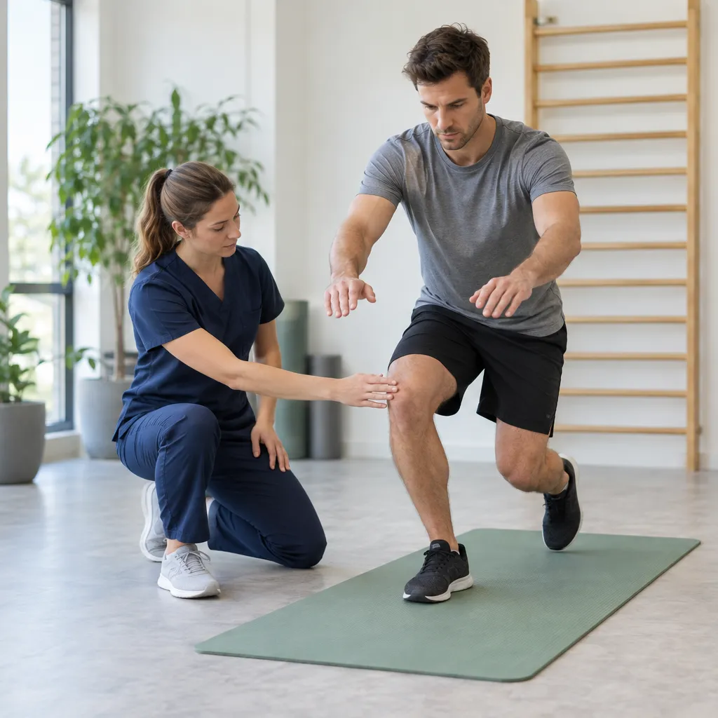 Ein Sportler trainiert unter Anleitung auf der Trainingsfläche der Praxis.