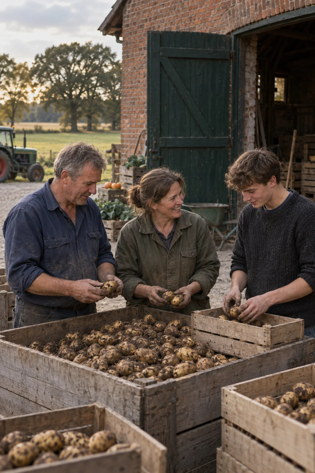 Jörn, Hanne und Mats Brammer sortieren frisch gerodete Kartoffeln vor dem Scheunentor