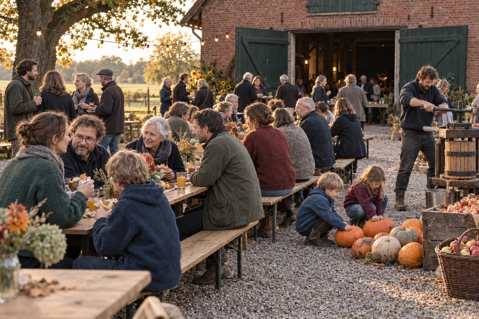 Hoffest im Hof vor der Scheune: lange Holztische, Nachbarn im Gespräch, Kinder bei den Kürbissen, ein Mann an der Apfelpresse