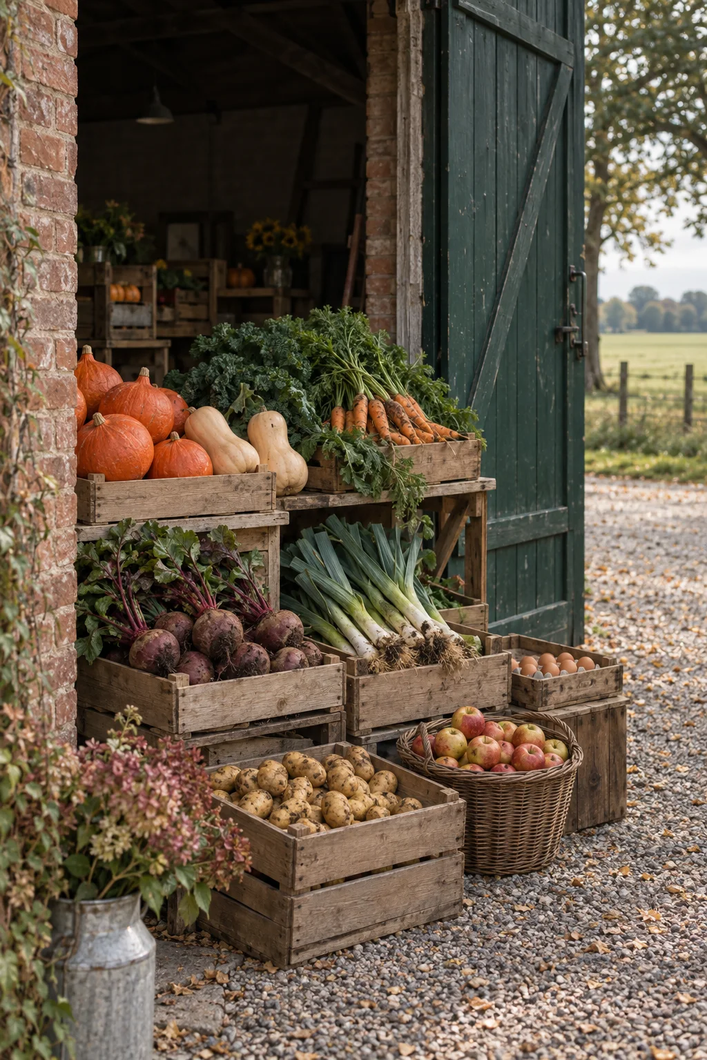 Offenes Scheunentor des Hofladens: Holzkisten mit Hokkaido, Butternut, Möhren, Grünkohl, Roter Bete, Lauch, Kartoffeln und Äpfeln auf dem Kies