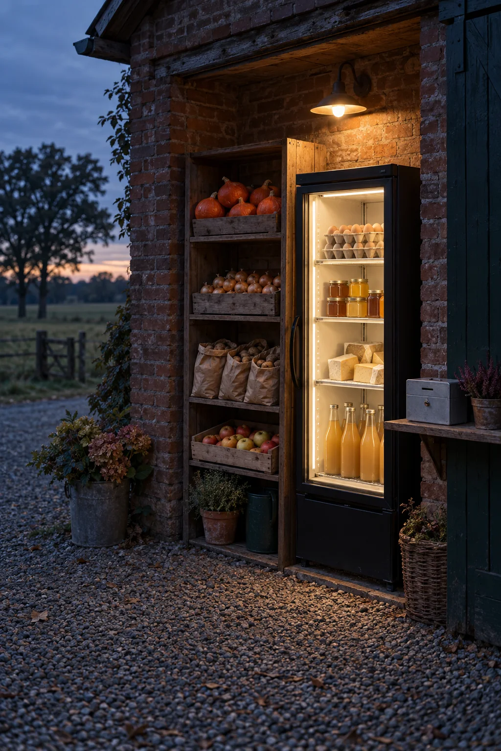 Das Selbstbedienungsregal in der Scheunennische am Abend, daneben ein beleuchteter Kühlschrank mit Eiern, Honig, Käse und Saft