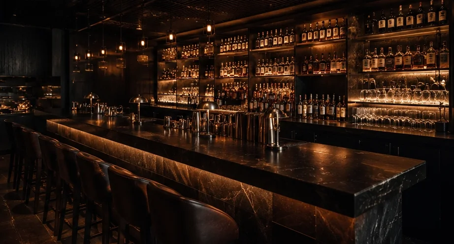 Bar mit Cocktails im Abendlicht