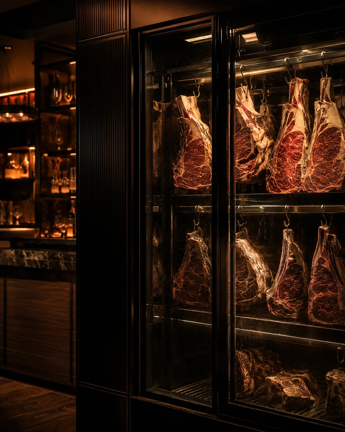 Dry-Aged-Rücken reifen am Knochen in der hauseigenen Reifekammer