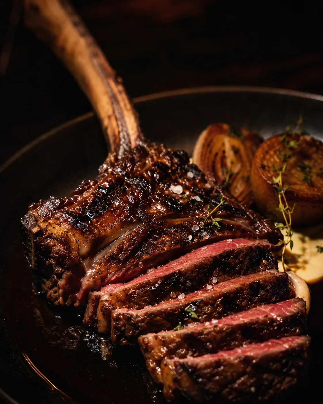 Angeschnittenes Steak mit dunkler Kruste und rosa Kern