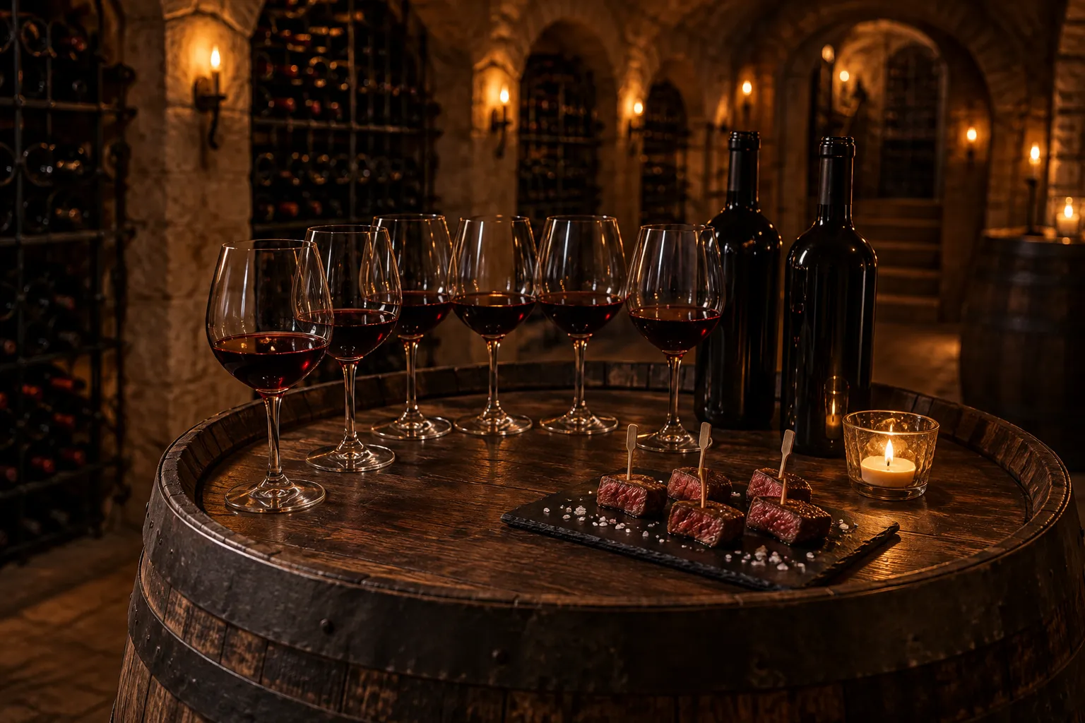 Sechs Gläser Rotwein auf einem Fass im Gewölbekeller