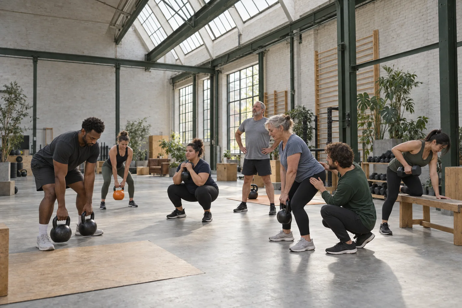 Kleingruppe beim Kettlebell-Training unter dem Sheddach, ein Trainer korrigiert kniend die Hüfte einer Teilnehmerin