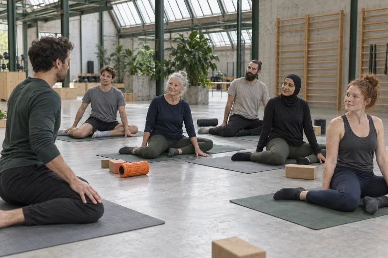 Mobility-Gruppe sitzt auf Matten in der 90/90-Position, der Trainer erklärt