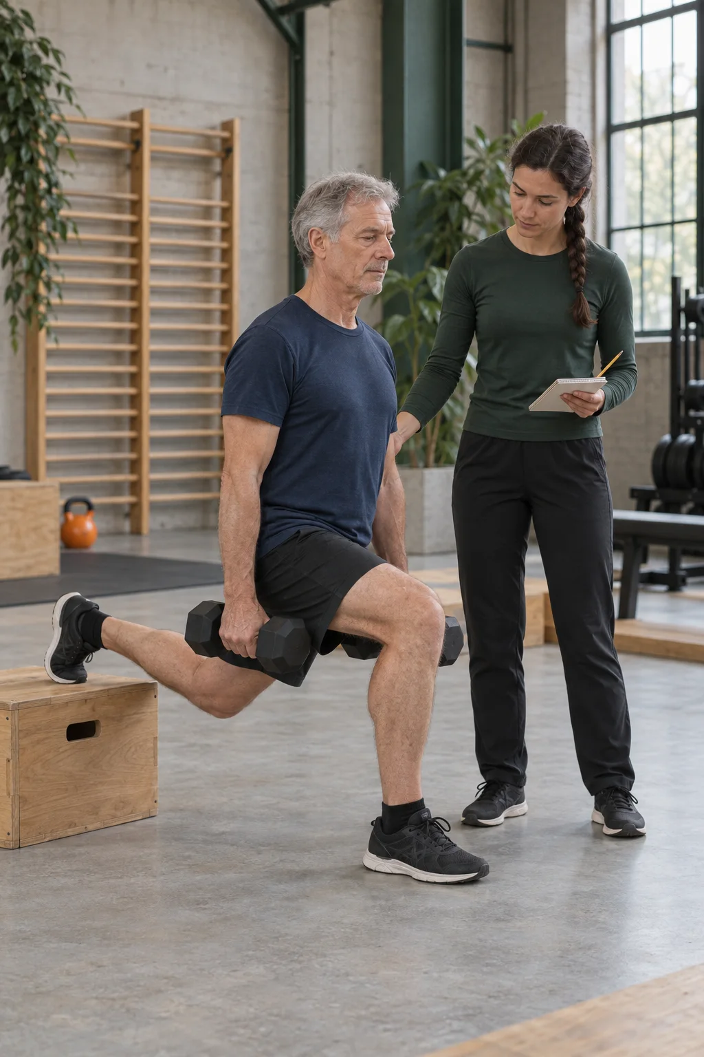Trainerin mit Notizblock begleitet einen älteren Mann bei bulgarischen Split Squats