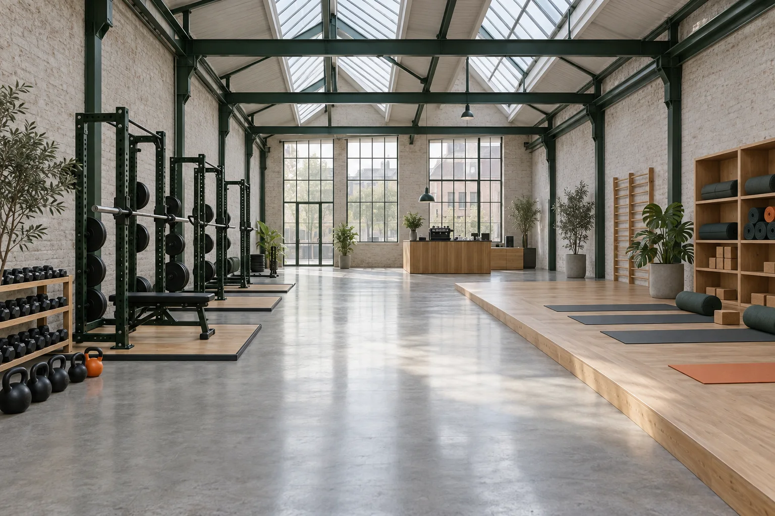 Die leere Halle am Morgen: Racks auf Eichenplattformen links, Yogaboden rechts, Sheddach und hohe Sprossenfenster