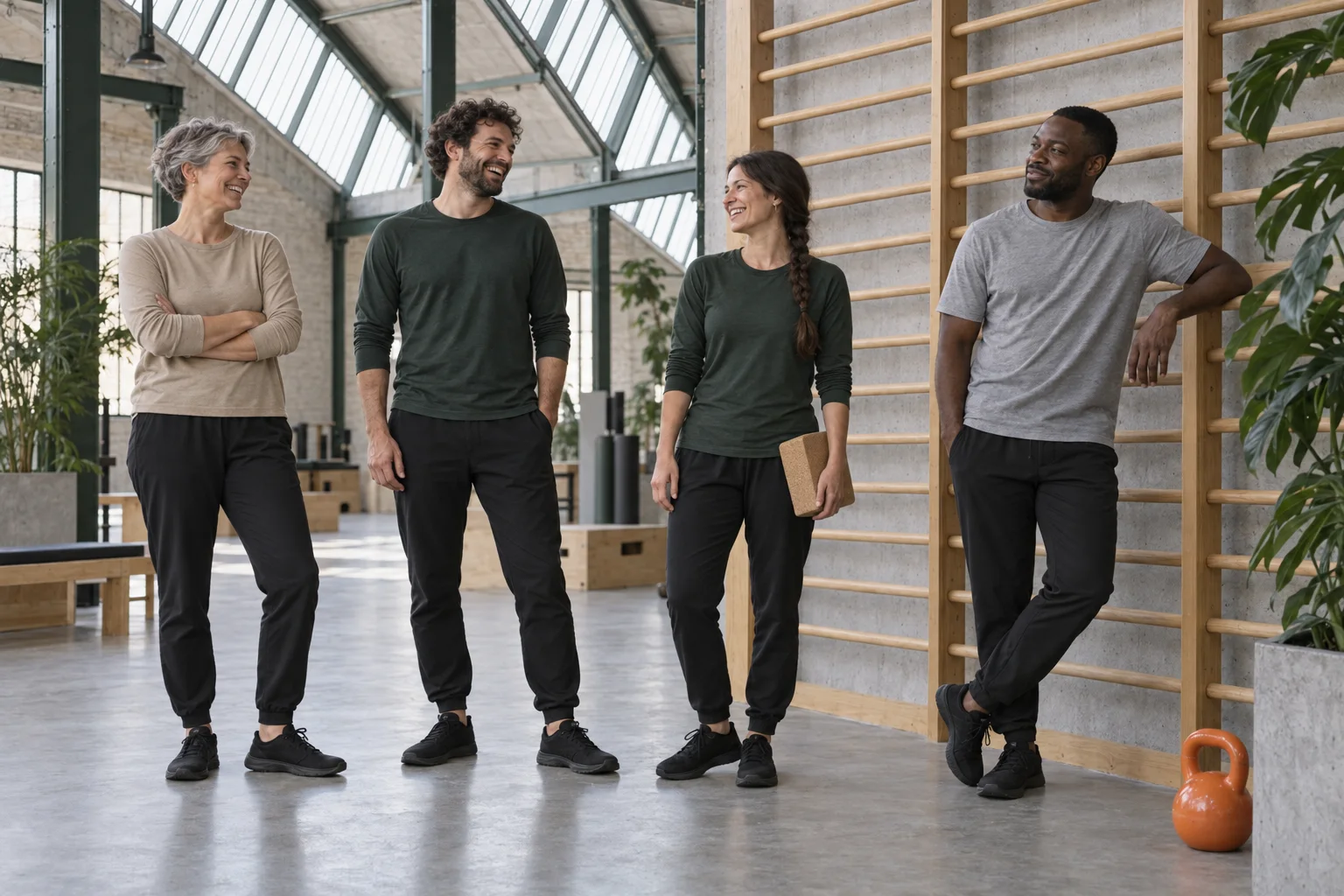 Birte, Jonas, Selin und Kofi lachen miteinander vor der Sprossenwand
