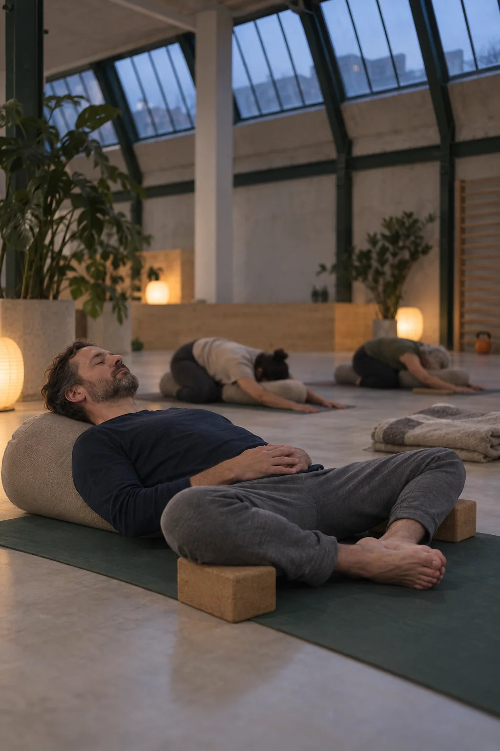 Yin Yoga am Abend: ein Mann liegt entspannt auf einem Bolster, dahinter Menschen in der Kindhaltung, warme Papierlampen