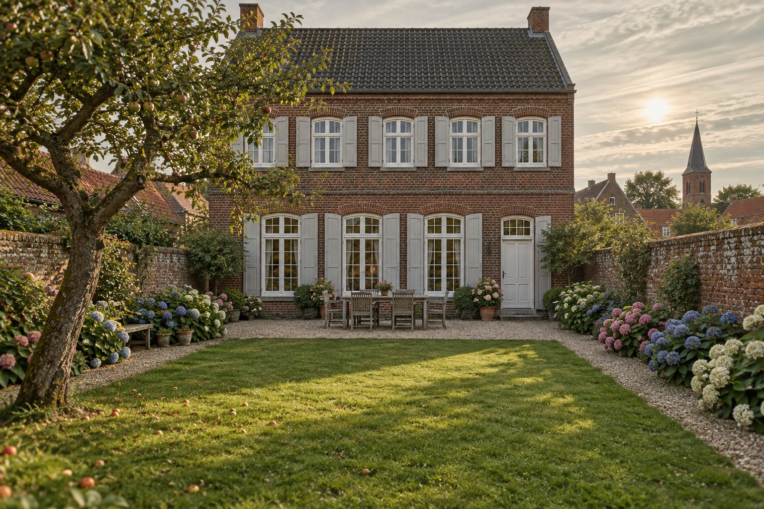 Ummauerter Garten mit Hortensien