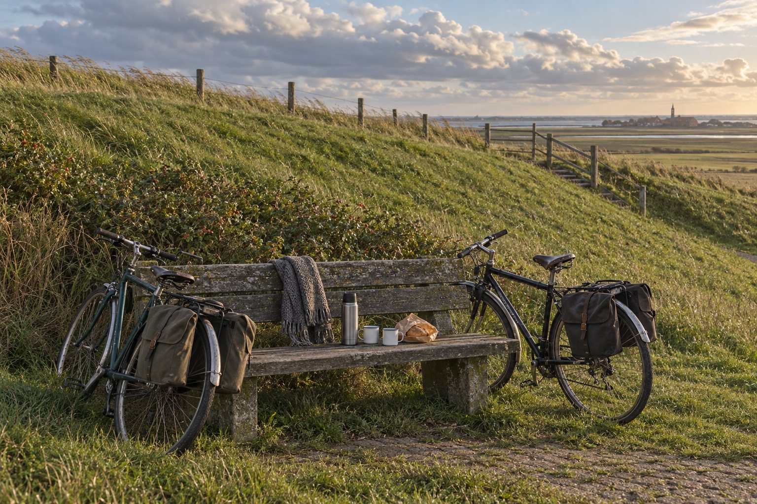 Zwei Fahrräder an einer Bank im Windschatten des Deichs, Abendlicht