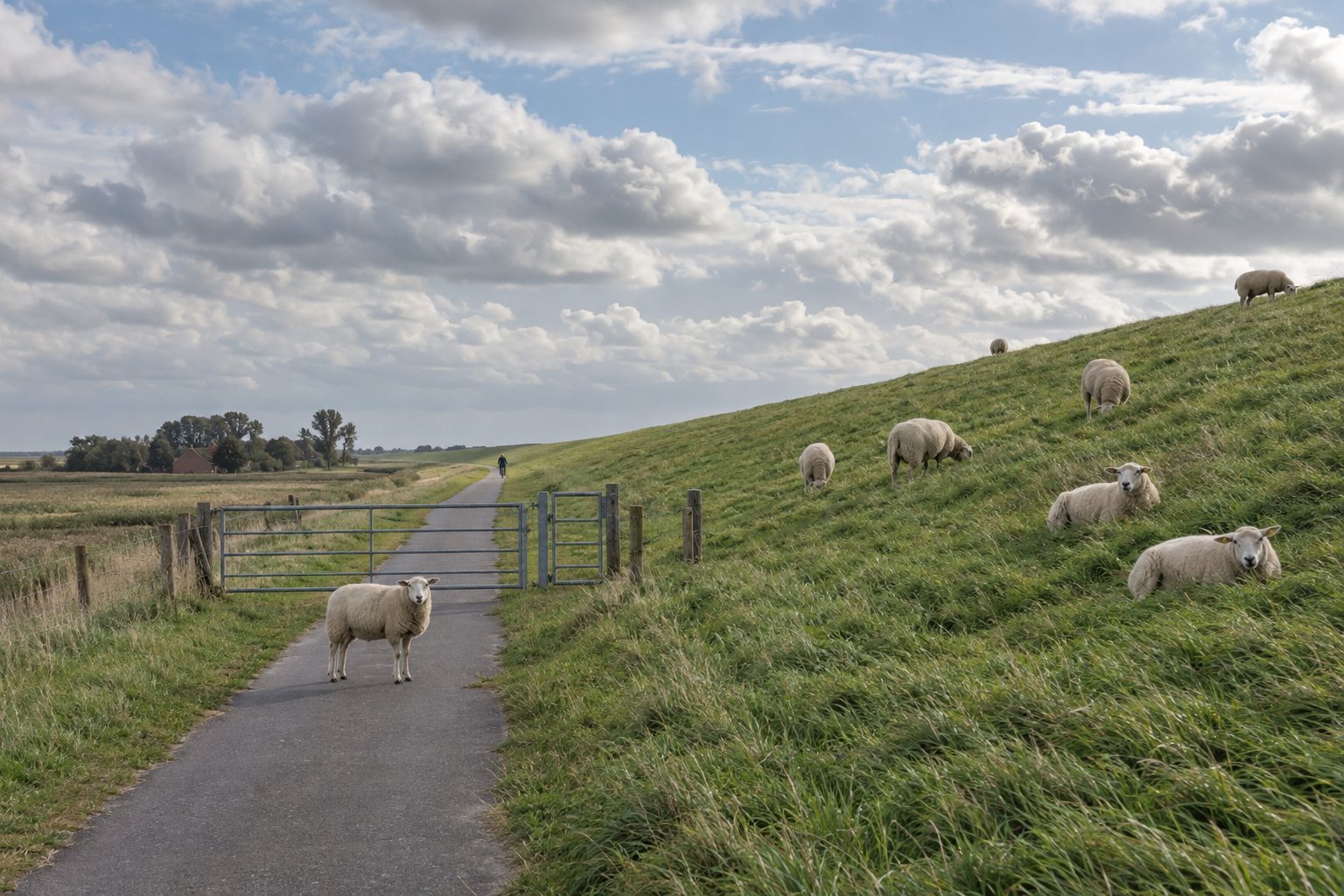 Schafe auf einem grünen Deich, daneben ein schmaler Radweg und ein Gatter