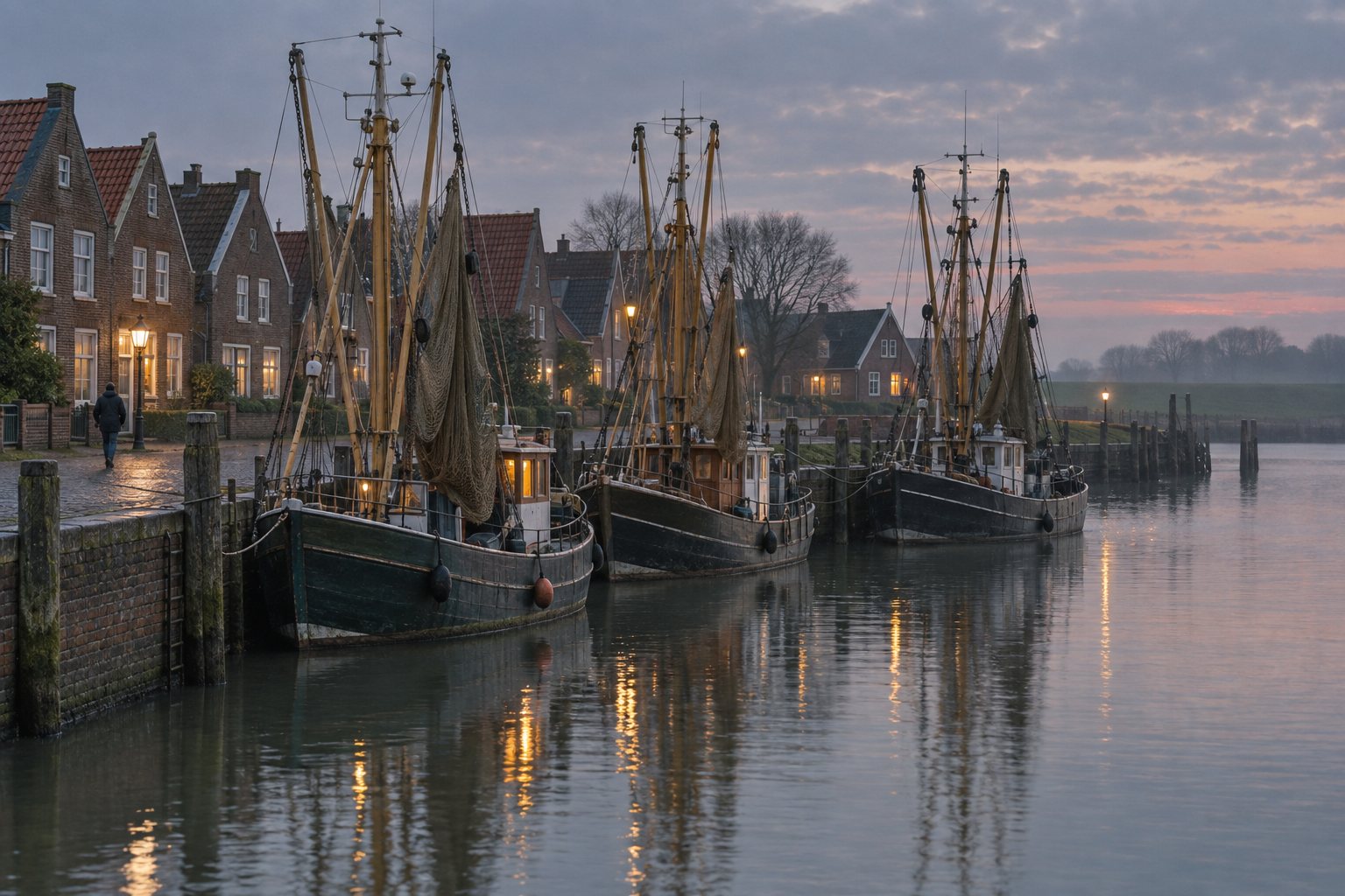 Krabbenkutter am Kai in der Dämmerung, ihre Lichter spiegeln sich im Hafenbecken