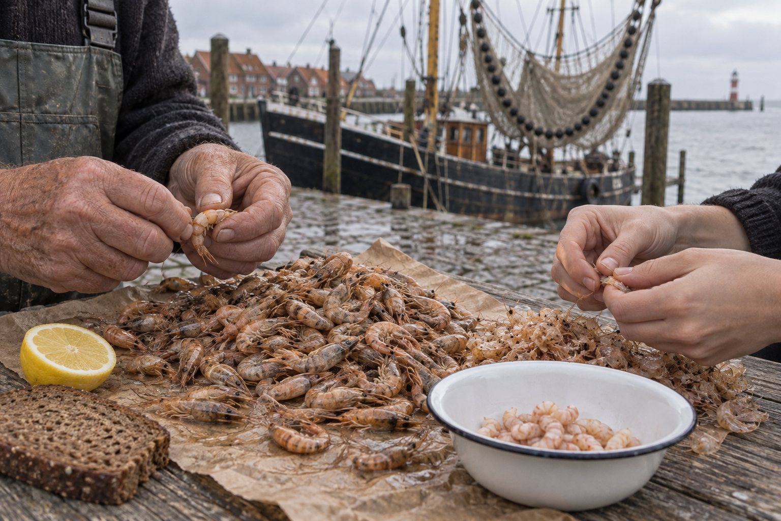 Hände pulen Nordseekrabben auf Packpapier an einem Holztisch