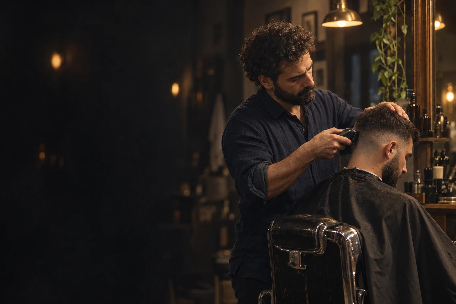 Barber mit lockigem Haar und Bart arbeitet mit der Haarschneidemaschine am Übergang eines kurzen Haarschnitts, im warmen Licht einer Lampe
