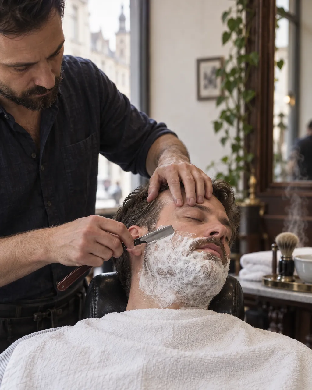 Heiße Rasur: Ein Barber zieht das Rasiermesser an der eingeschäumten Wange eines zurückgelehnten Kunden entlang