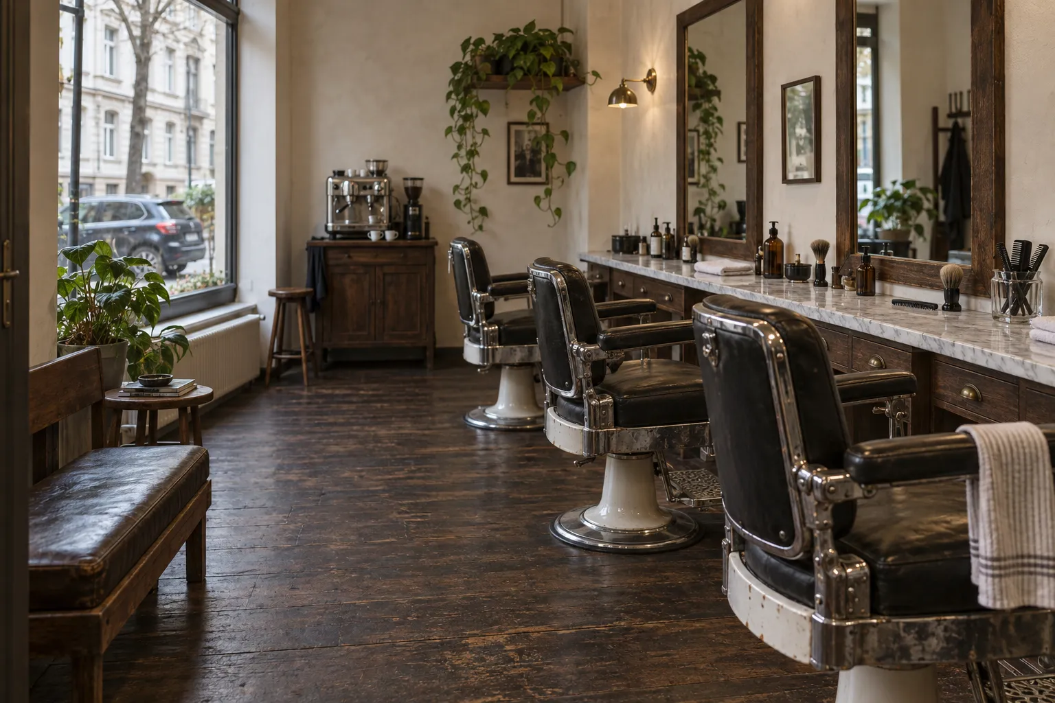 Der Laden kurz vor der Öffnung: drei schwarze Barberstühle vor hohen Spiegeln mit dunklen Eichenrahmen, Tageslicht, Dielenboden