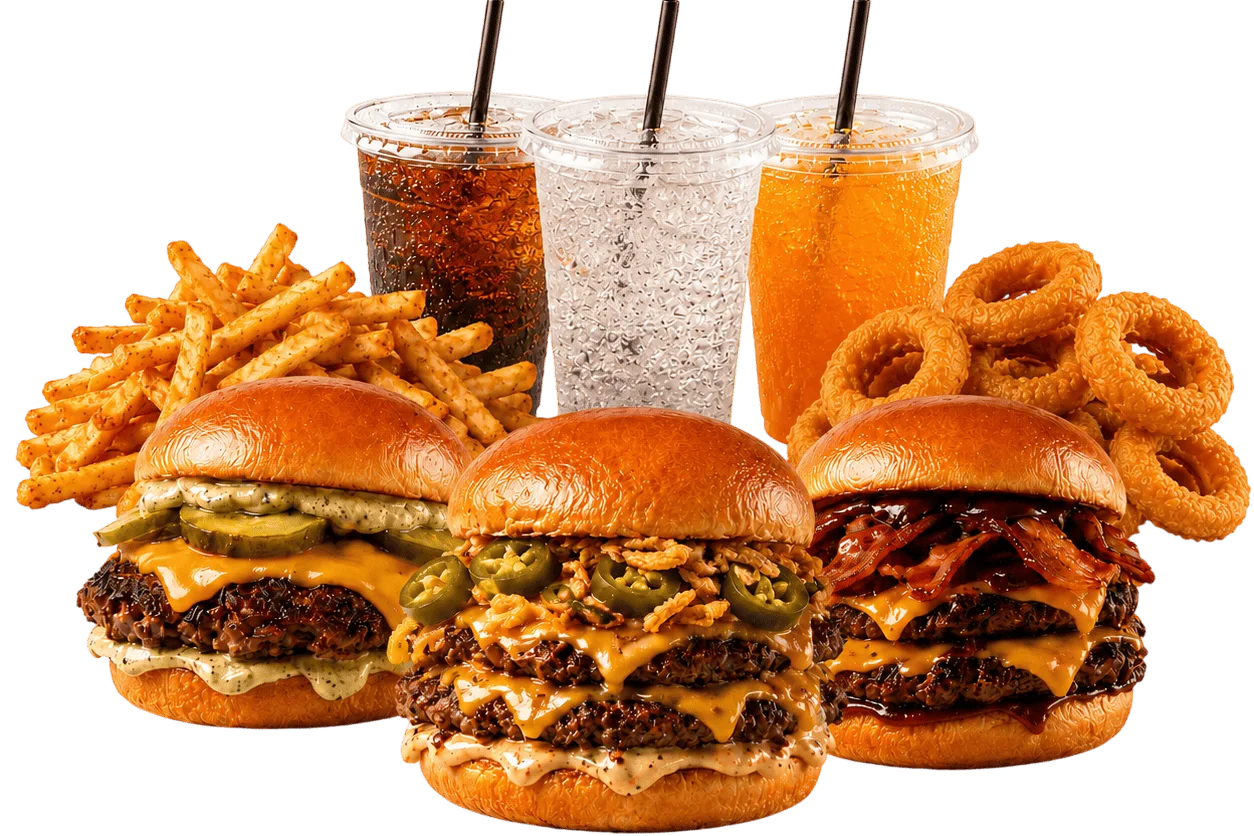 Drei Smash-Burger mit Pommes, Zwiebelringen und drei Getränken