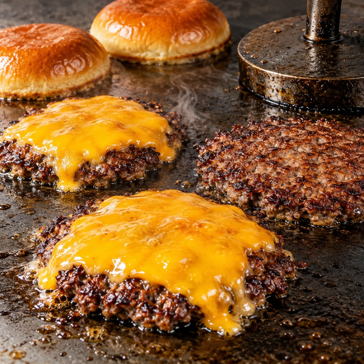 Drei frisch gesmashte Patties mit schmelzendem Cheddar auf der heißen Grillplatte