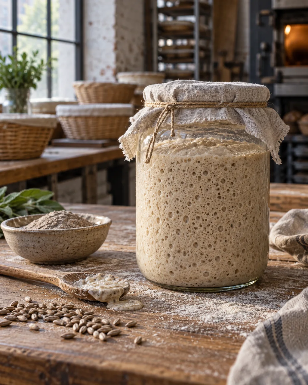 Großes Glas mit blasigem Roggensauerteig, mit Leinentuch und Schnur abgedeckt, daneben Roggenmehl, ein Holzlöffel und Roggenkörner.