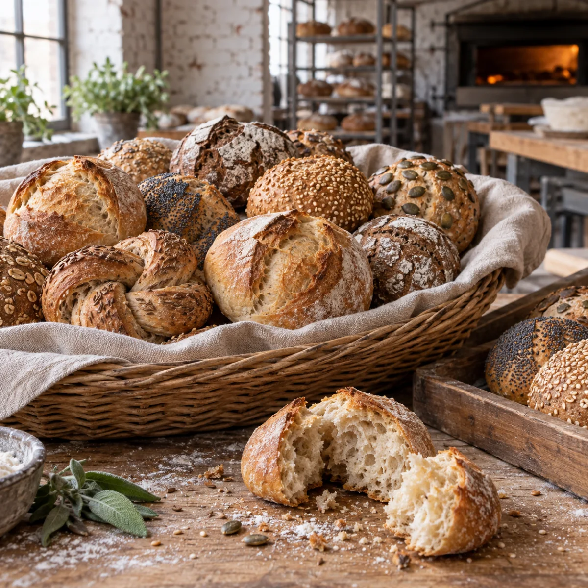 Weidenkorb mit Krustenwecken, Roggen-, Mohn-, Sesam- und Kürbiskernbrötchen, vorn ein aufgebrochenes Brötchen.