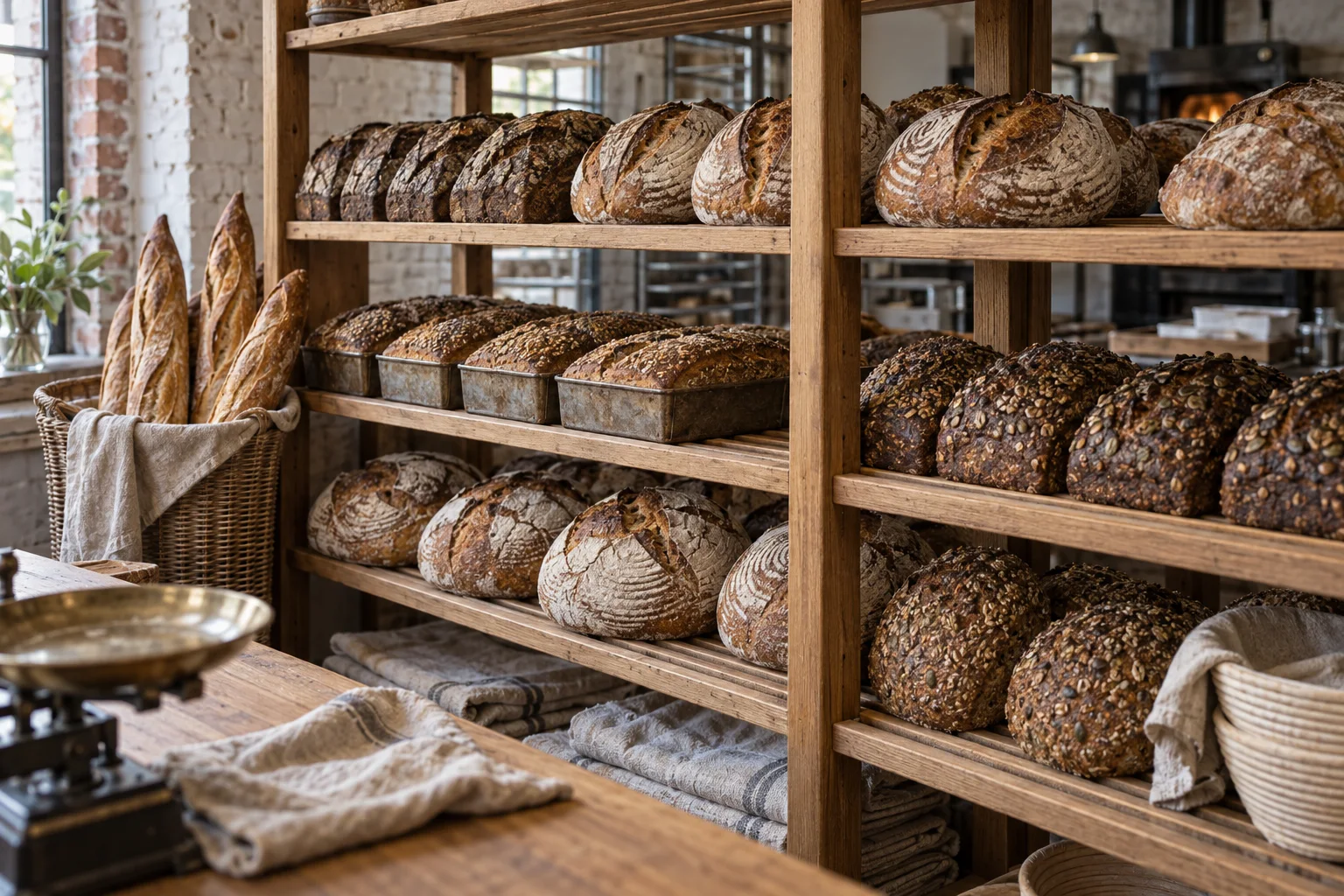 Holzregal hinter der Theke mit Roggenlaiben, Landbroten, Dinkelbroten in der Kastenform und Saatenbroten; links Baguettes im Weidenkorb.