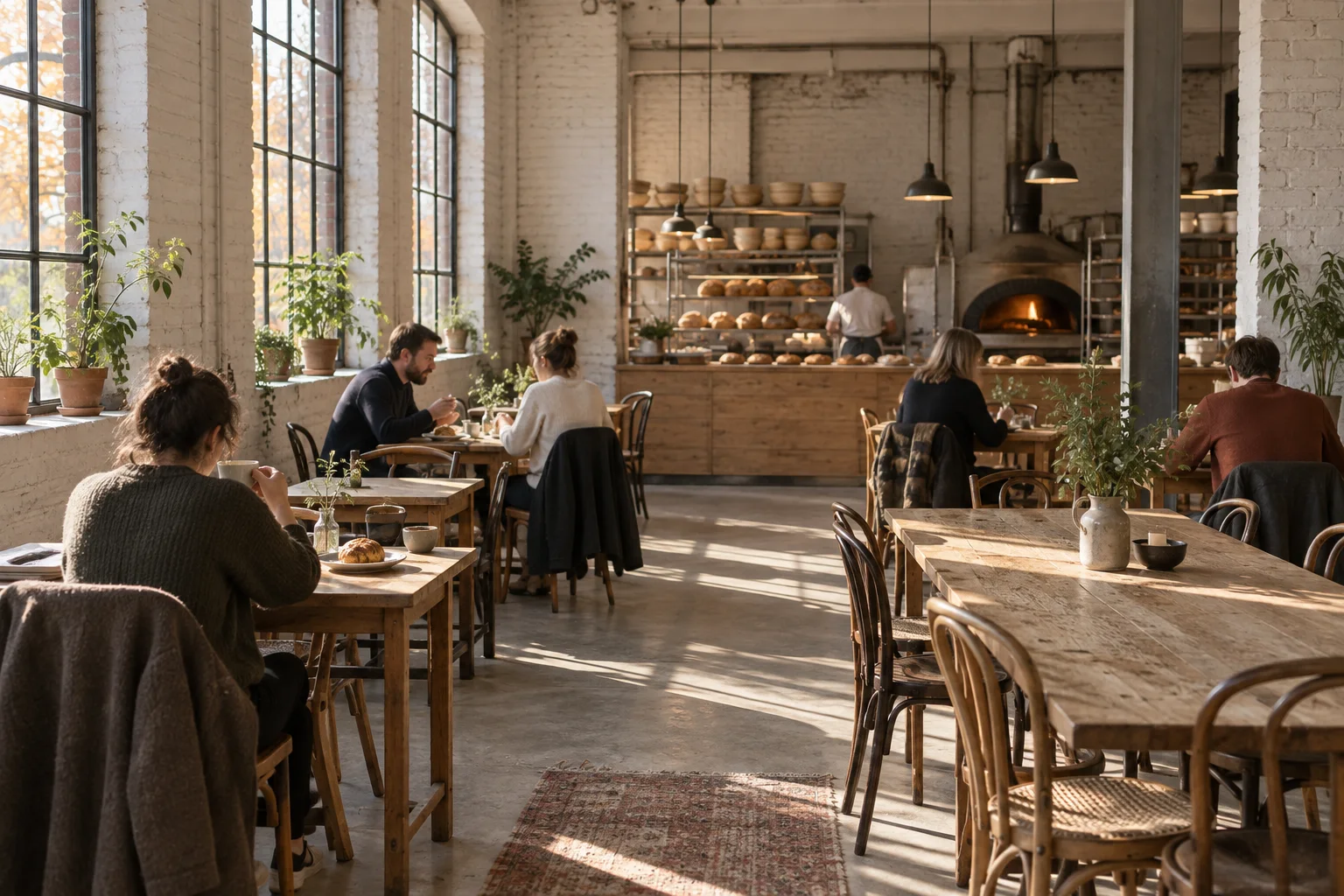 Das Café am Samstagmorgen: hohe Fabrikfenster, weiß gekalkte Backsteinwände, Holztische mit Gästen, hinten die Theke mit Brotregal und Ofen.