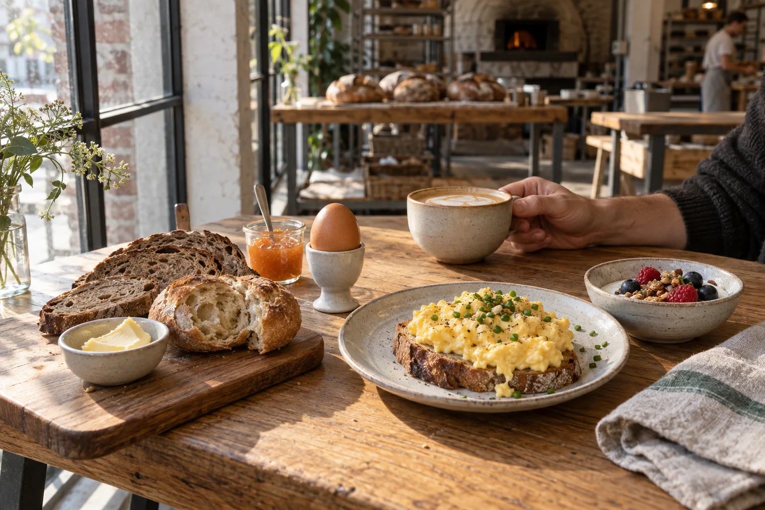 Frühstückstisch am Fenster: Sauerteigbrot, Butter, Aprikosenmarmelade, ein Frühstücksei, Rührei auf Landbrot, Joghurt mit Beeren und ein Cappuccino.