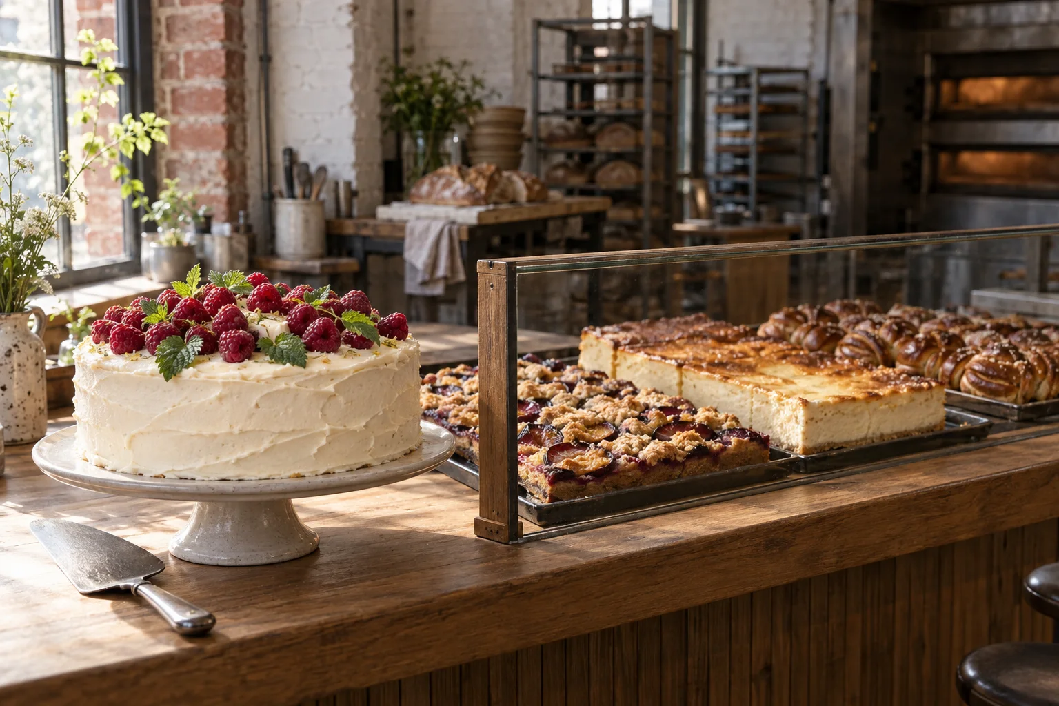 Himbeer-Sahnetorte auf einer hellen Tortenplatte, daneben in der Theke Zwetschgenkuchen, Quarkkuchen und Kardamomknoten.