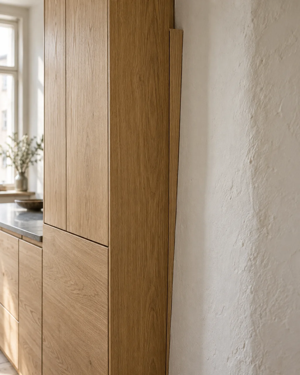 Ende einer Eichenküche im Altbau: Zwischen Hochschrank und schiefer Wand sitzt eine keilförmig zugeschnittene Blende