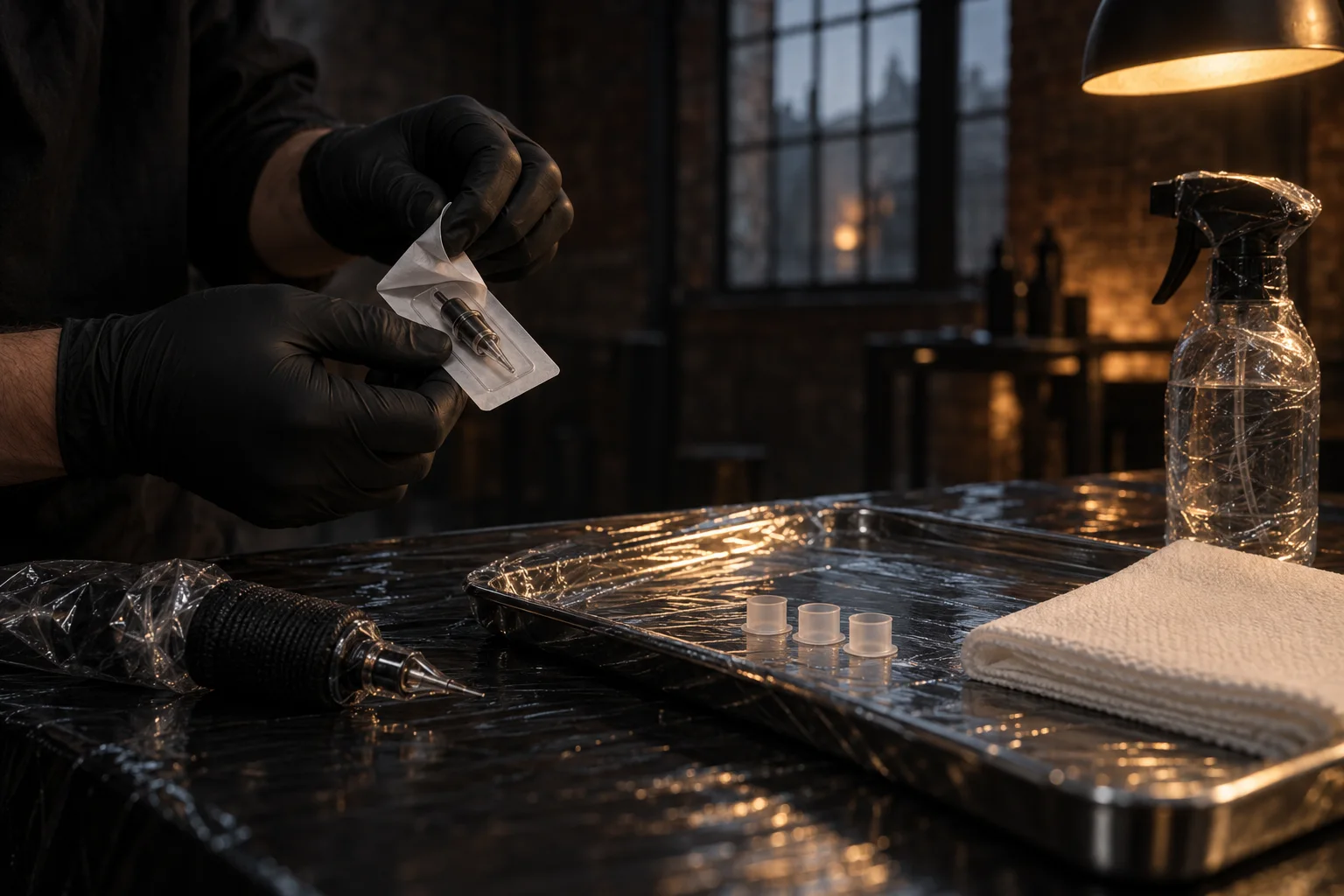 Steril verpackte Nadelmodule und Einmalmaterial auf einer abgedeckten Arbeitsfläche