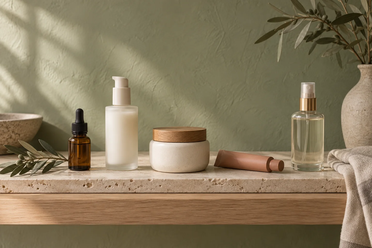 Nagelhautöl, Reinigungsmilch, Handcreme, Handbalsam und Gesichtswasser auf einer Travertinplatte