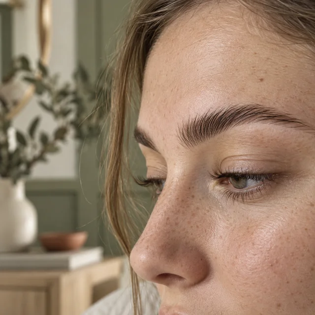 Nahaufnahme eines Auges mit gelifteten Wimpern und laminierter Braue