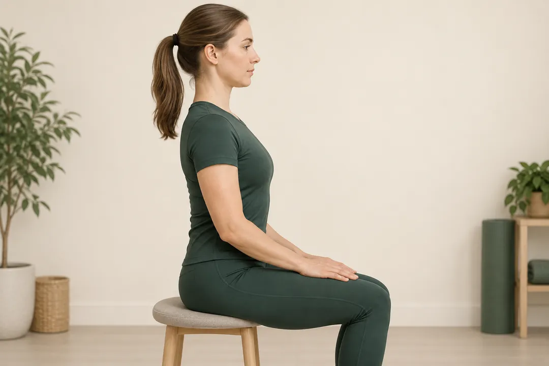 Chin Tuck: aufrechter Sitz mit sanft zurückgezogenem Kinn und waagerechtem Blick.