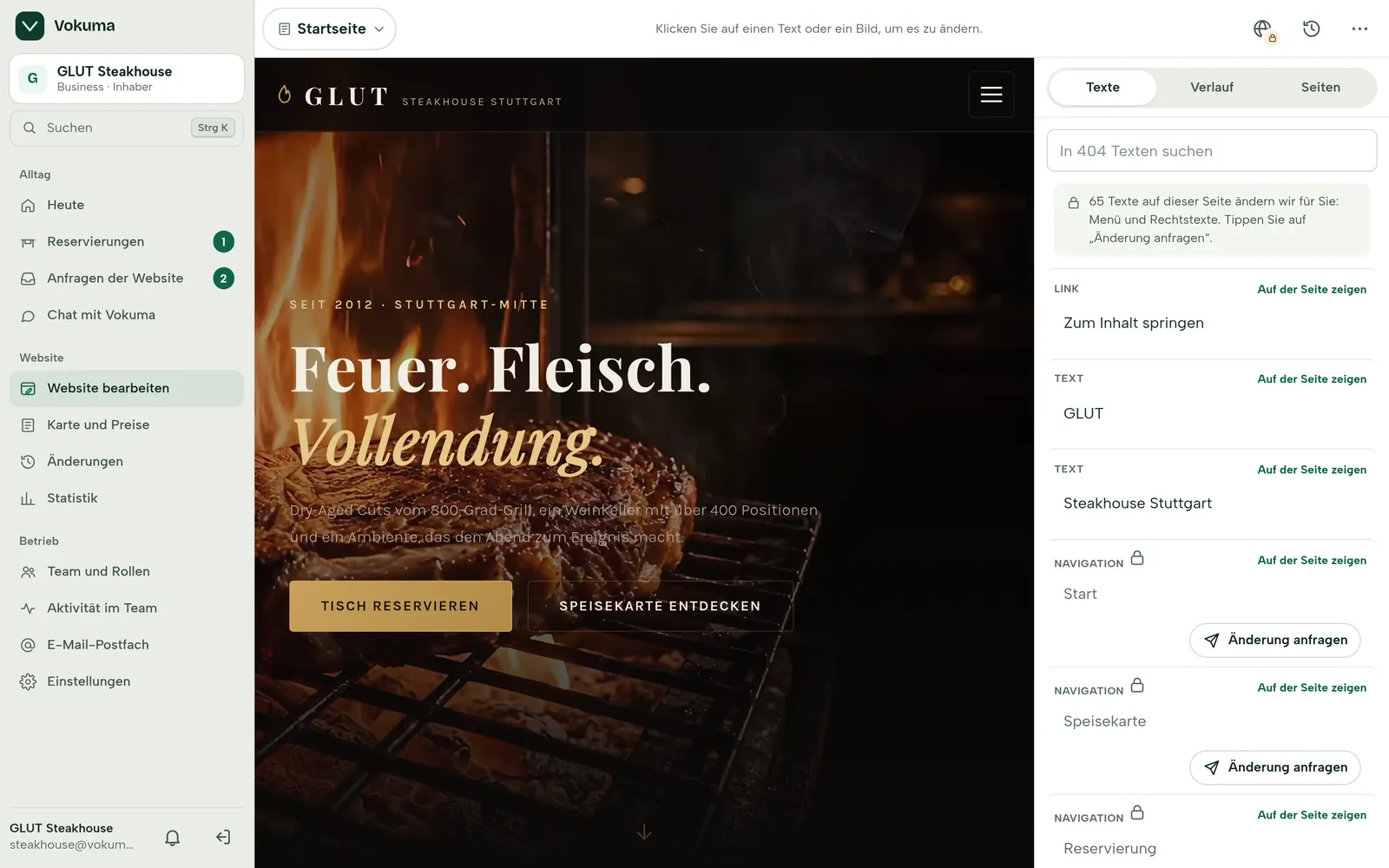 Der Editor der Vokuma-App: Die Überschrift der Website von GLUT Steakhouse wird angeklickt, auf „Bearbeiten“ wird „Wildwochen ab 20. Oktober.“ eingetippt, nach „Fertig“ steht dort „Gespeichert. Ist live.“