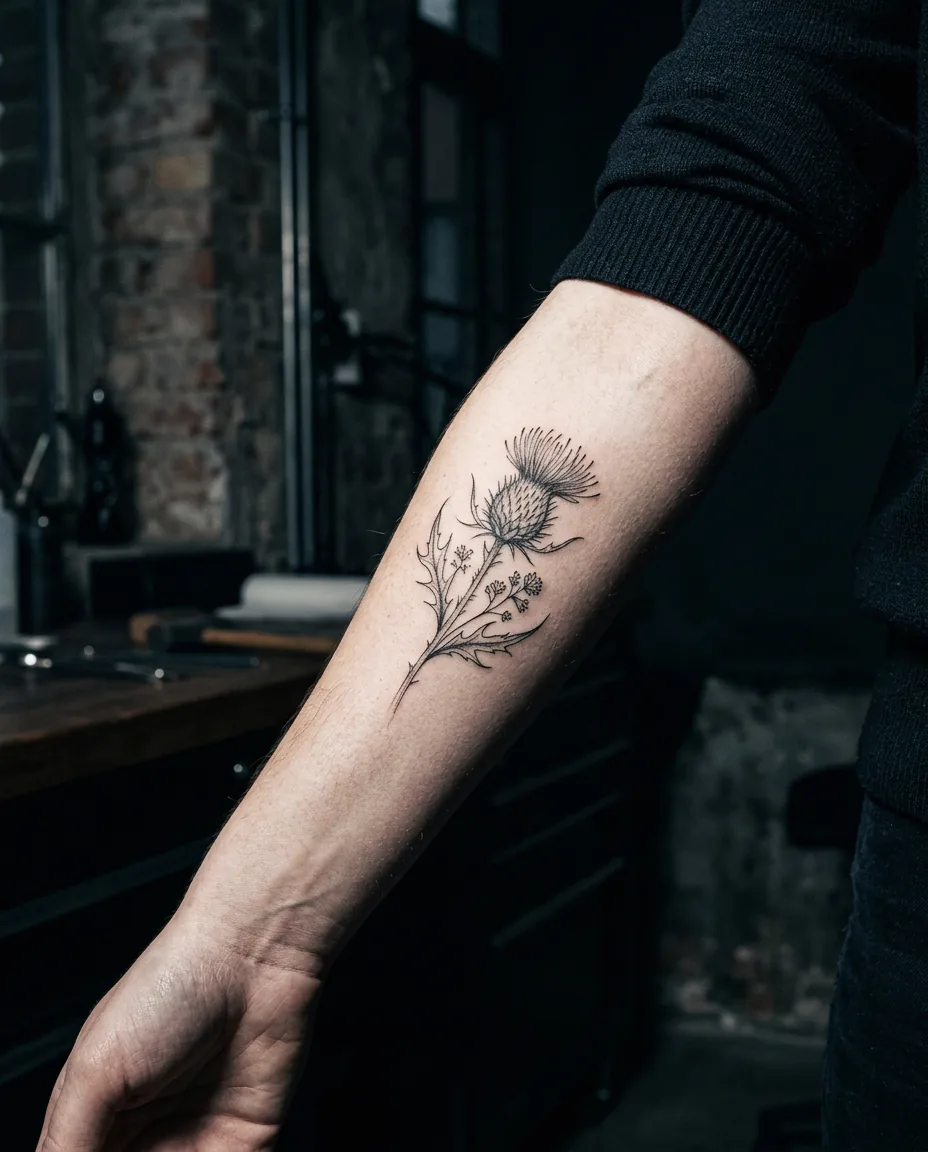 Fine-Line-Tattoo: Distel