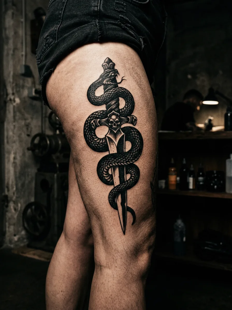 Blackwork-Tattoo: Schlange und Dolch