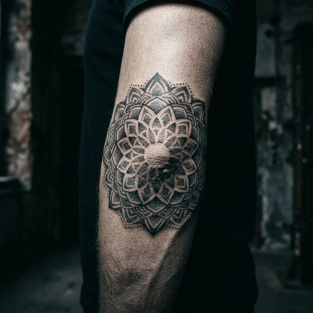 Ornamentales Tattoo: Mandala am Ellbogen